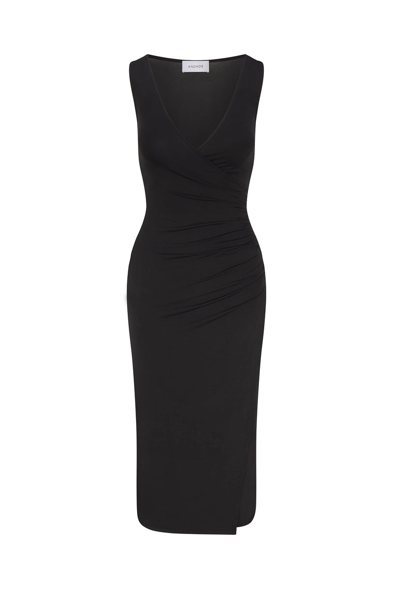 Draped Wrap Effect Midi Dress In Cupro Jersey