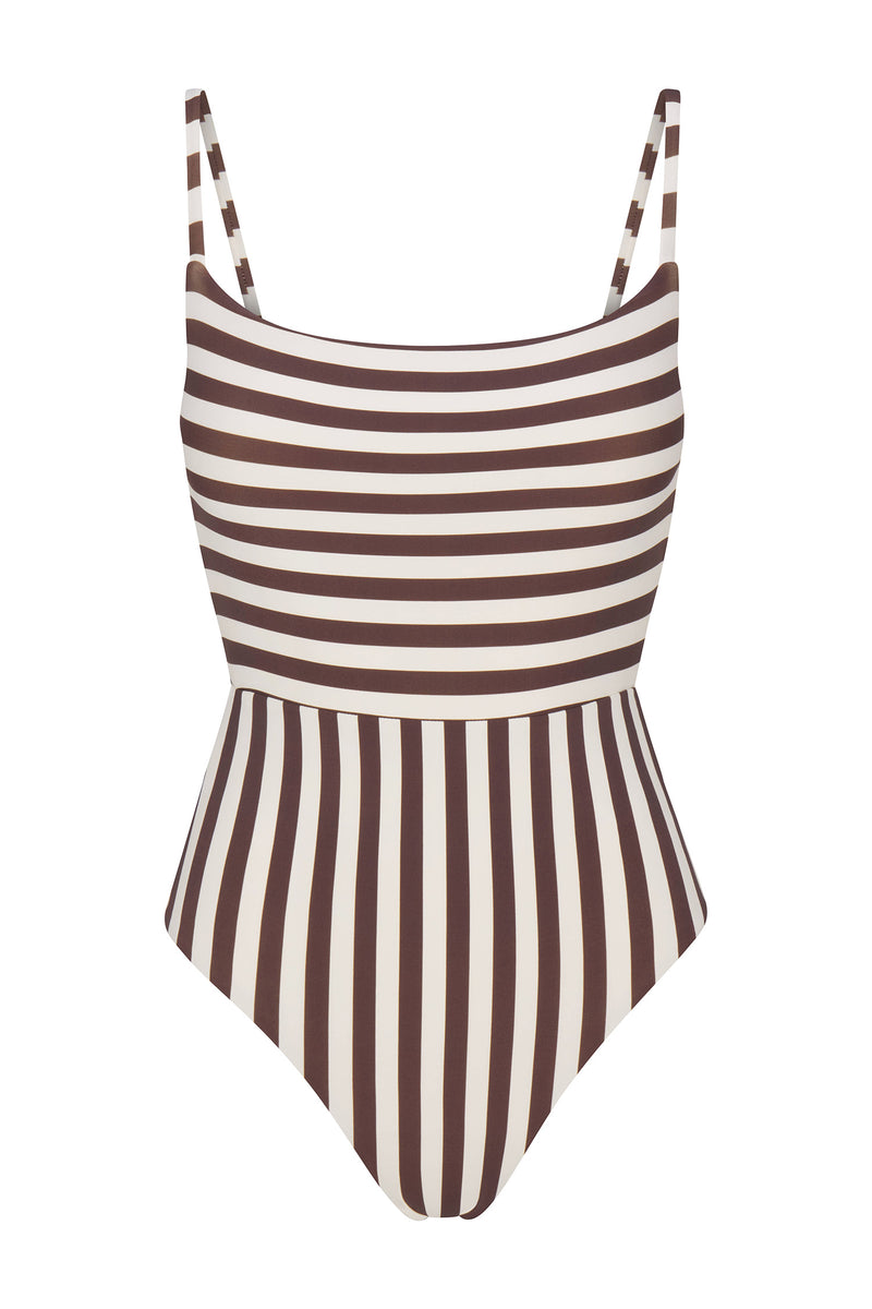 Square Neck Open Back One-Piece in Mixed Stripes