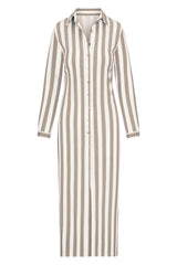 Collared Button-Down Maxi Shirt Dress in Striped Stretch Twill