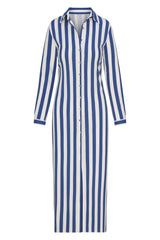 Collared Button-Down Maxi Shirt Dress in Striped Stretch Twill