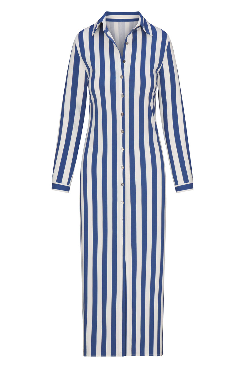 Collared Button-Down Maxi Shirt Dress in Striped Stretch Twill