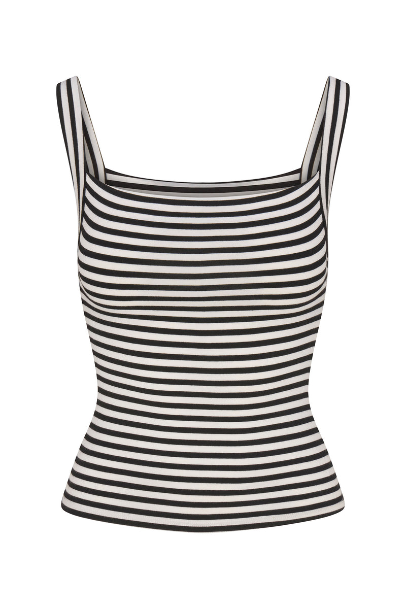 Square Neck Tank Top In Black & White Stripe Jersey