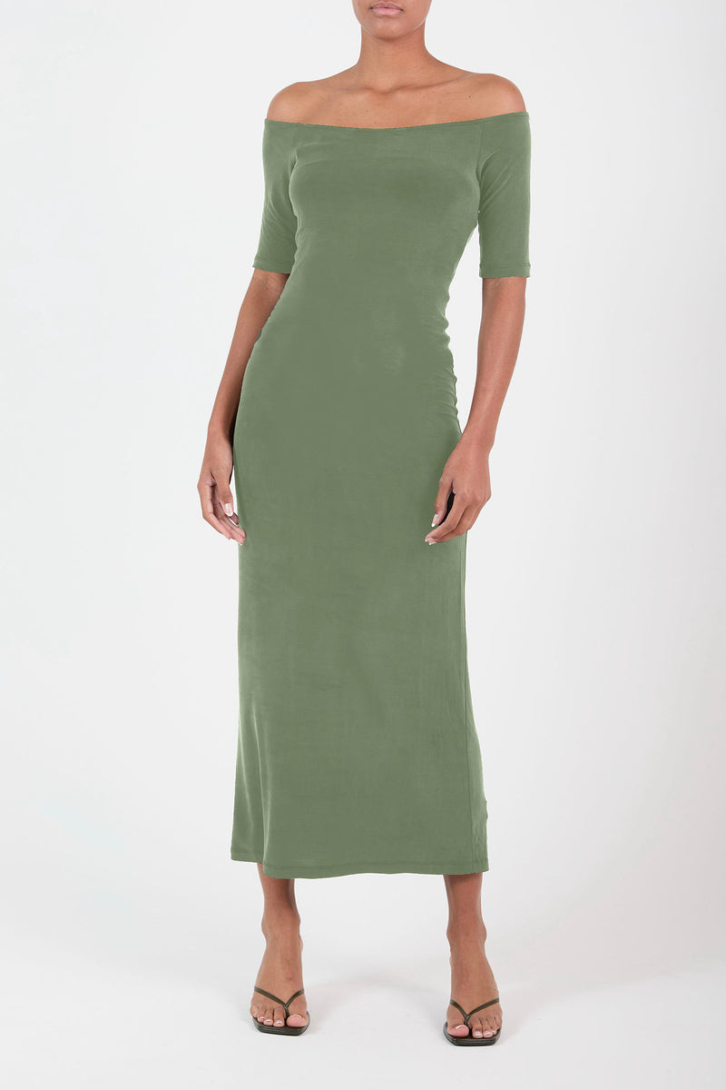 Carolyn Off The Shoulder Midi Dress in Luxe Cupro Jersey
