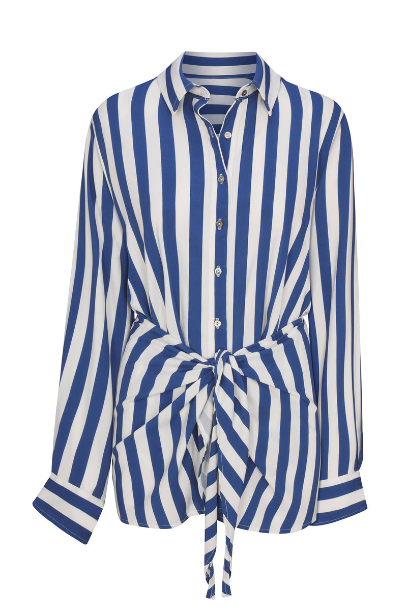 L.A. Button-Down Wrap Mini Dress in Striped Stretch Twill