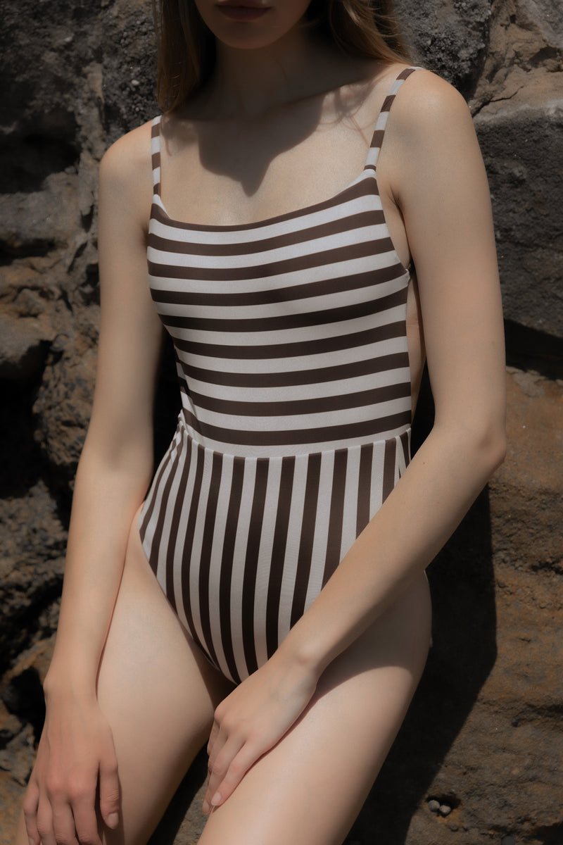 Square Neck Open Back One-Piece in Mixed Stripes