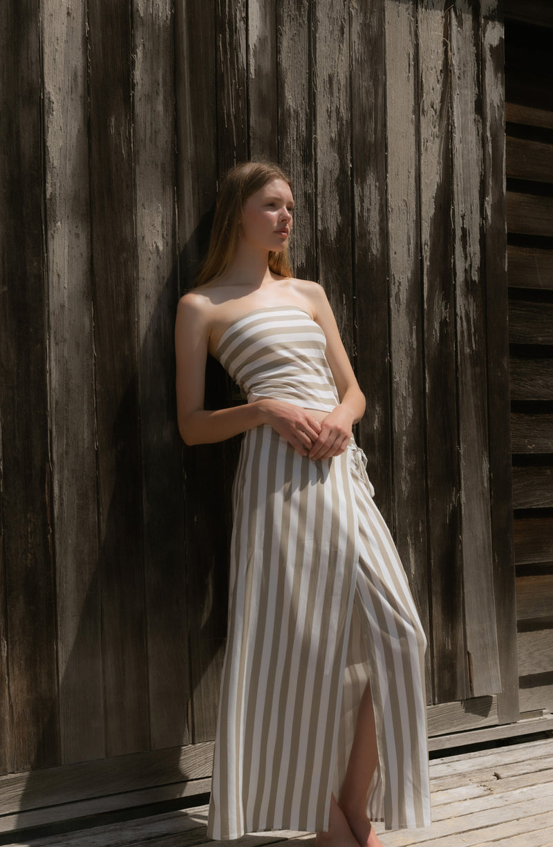 Wrap Tie Maxi Skirt in Striped Stretch Twill