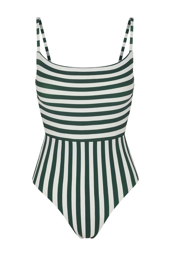 Square Neck Open Back One-Piece in Green Vertical Stripes